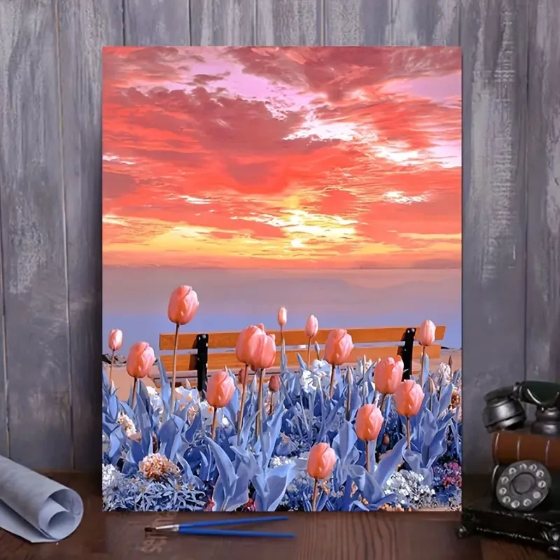 Paint By Number Kit on Canvas 40x50 cm with Wooden Frame  Glowing Tulips