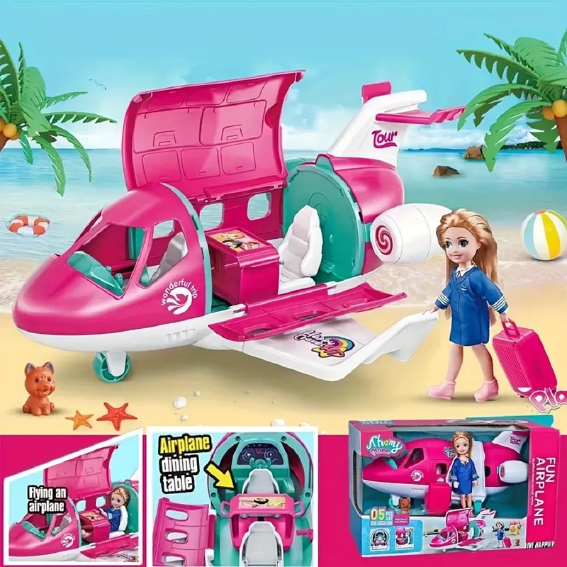 1set Dream Princess Doll Fashion Airplane Playset - Pink Color, Traveling Suitcase, Puppy Pet Toys, No Electricity, Perfect for Halloween and Christmas Gift