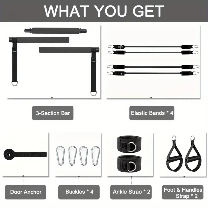 EVA Pilates Bar Kit with 4 Resistance Bands (30 & 22.68KG) - Adjustable & Portable Home Gym Equipment Set