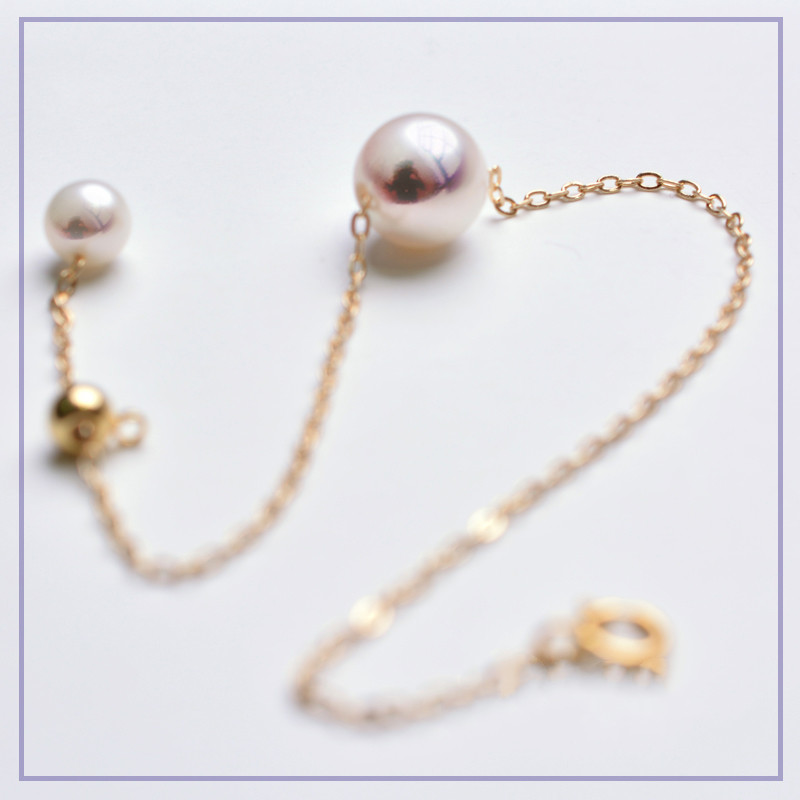 Single 18K Gold Japanese Akoya Sea Pearl Bracelet Adjusts Natural Rose White Color Gold Flawless Bulb