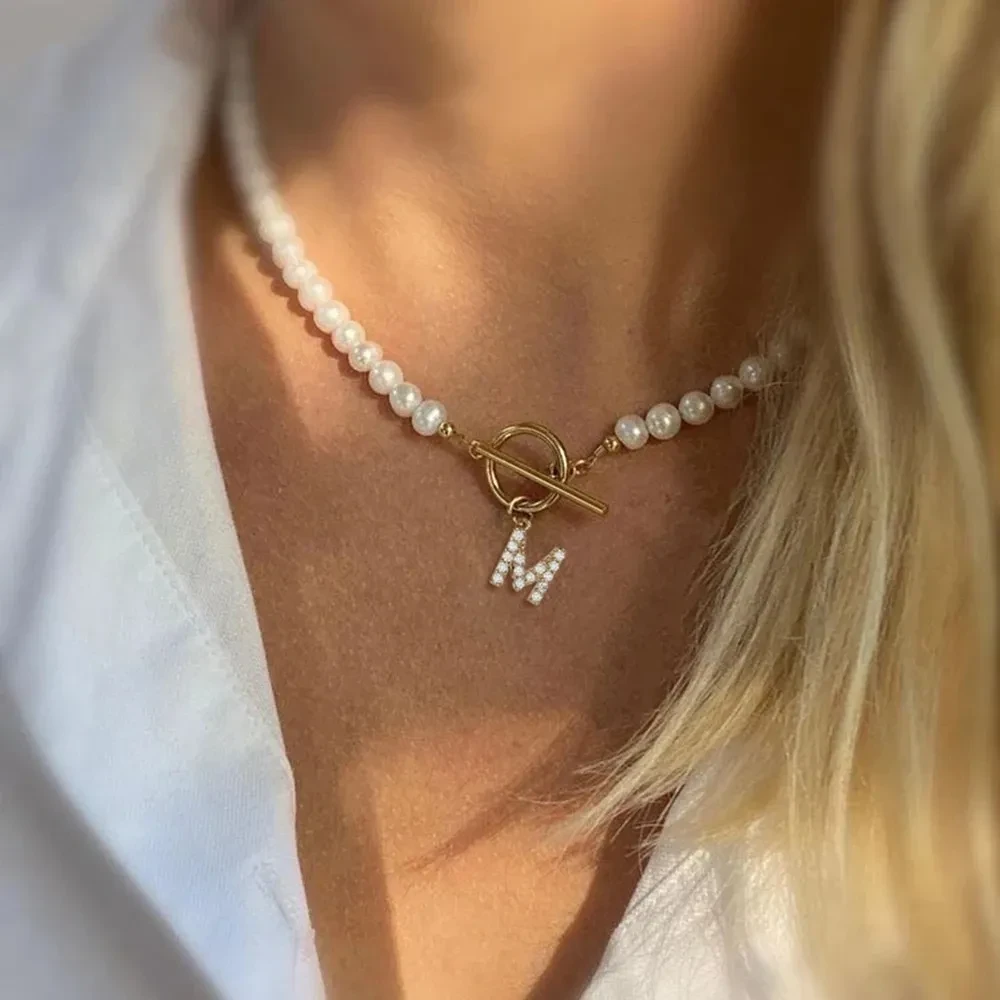 Pearl Chain OT Buckle Inlaid 26 Letter Necklace
