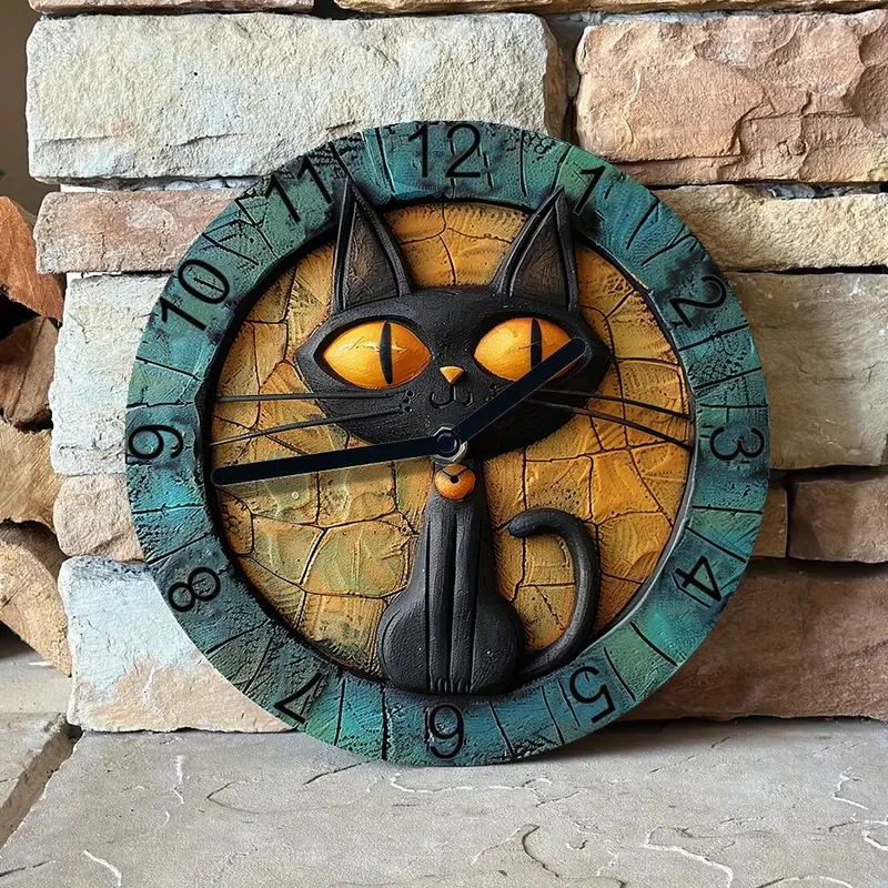 Silent 8x8" Aluminum Wall Clock with Black Cat Design