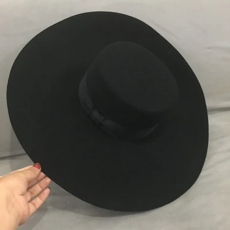 Party Fashion Stage Hat, Wool Felt Hat, Big Brim, Korean Style Flat Top Hat