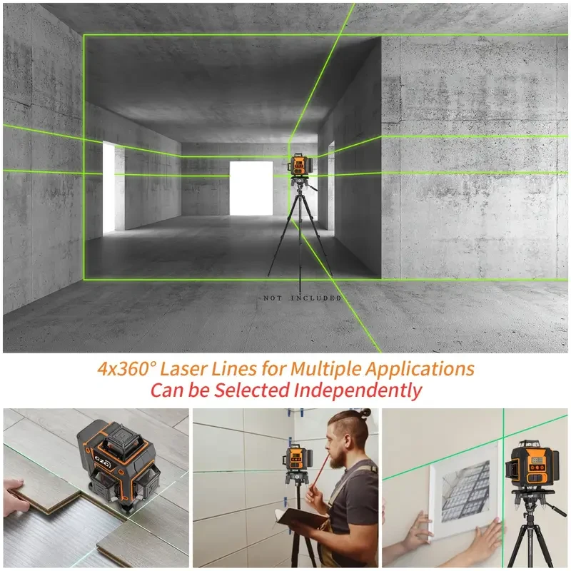 GZG 4x360 Self-Leveling Line Laser with 16 Lines, Green Beam, Pulse Mode for Construction, Tiling, Picture Hanging - USB Rechargeable, 18650 Series Lithium Battery, LCD Display, Remote Control, Lifting Base Included