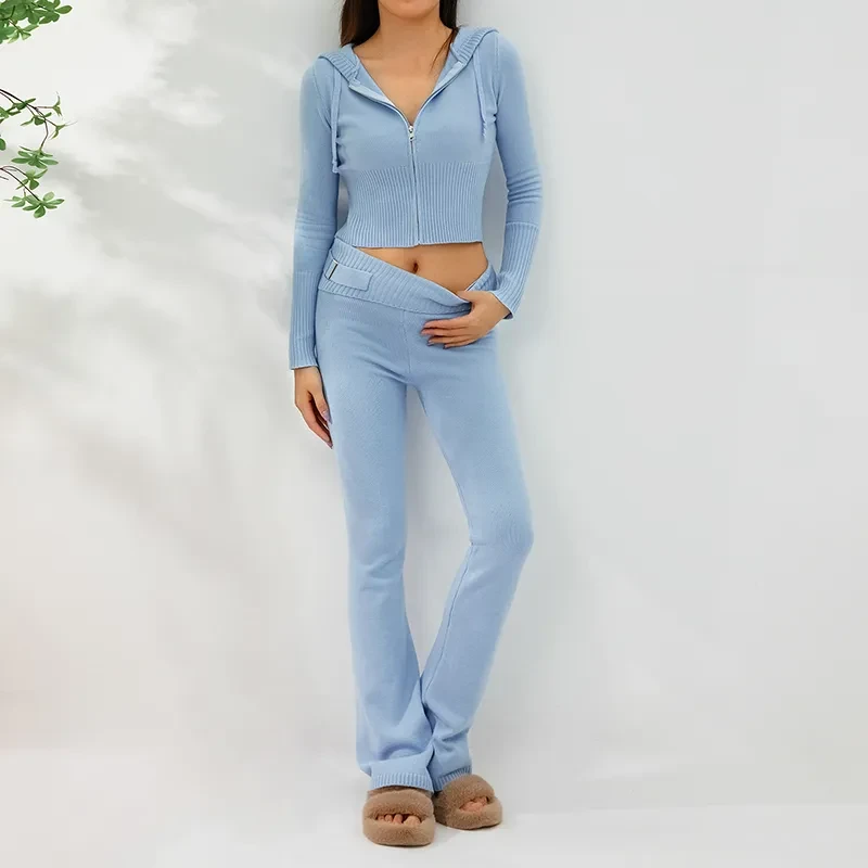 Hoodie Suit Women Leisure Sexy Zip Long Sleeve Sweater And High Waist Long Pants Set