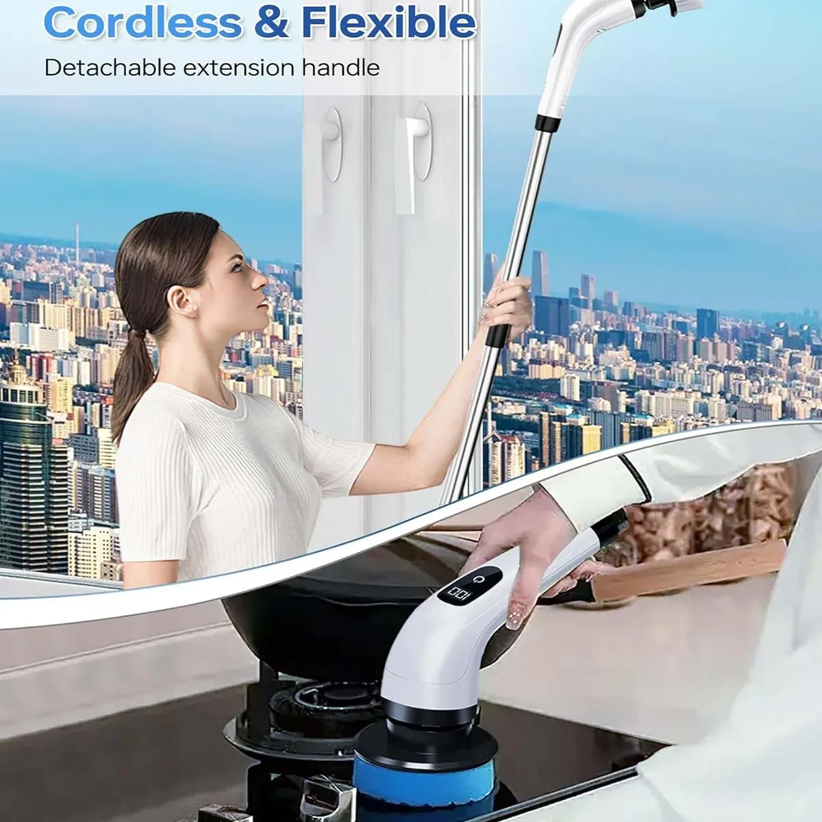 Motorized Rotary Scrubber Power Scrubber Cordless Cleaning Brush, Removable Long Handle, 8 Interchangeable Brush Heads, Quick Charge Power Scrubber