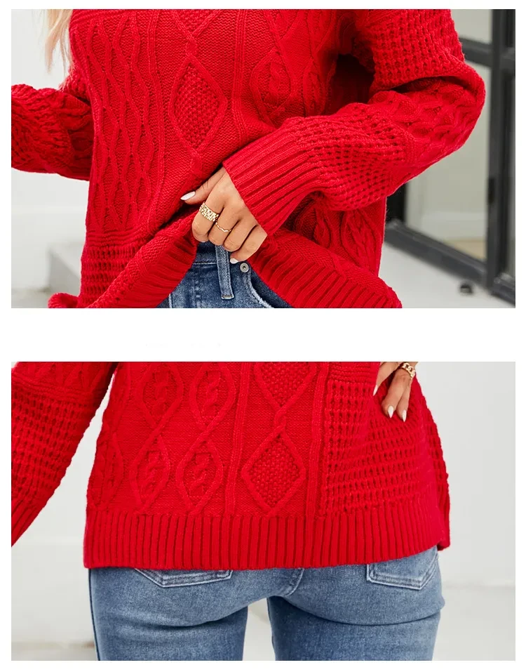 Casual Round-neck Pullover Sweater Fall Winter Solid Color Cable-knot Pattern Tops