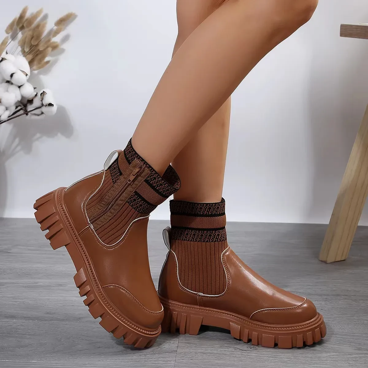 Mid-tube Boots With Zipper Design Non-slip Thick Sole Elastic Knitted Patchwork Boots For Women Round Toe Shoes