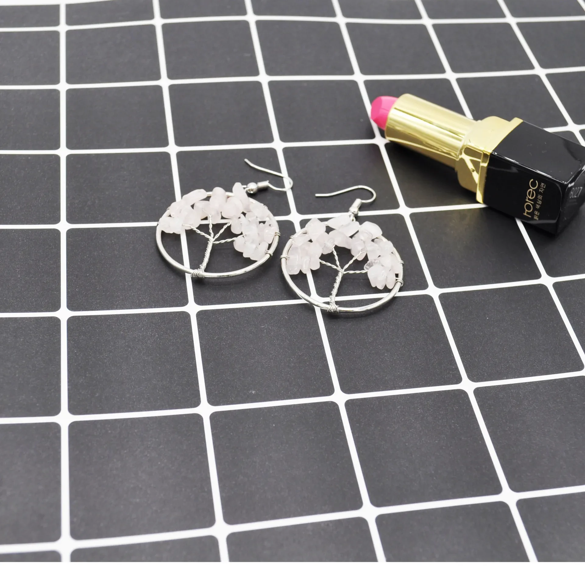 Natural Crystal Crushed Stone Tree Wishing Tree Earrings Crystal Tree Earrings Jewelry