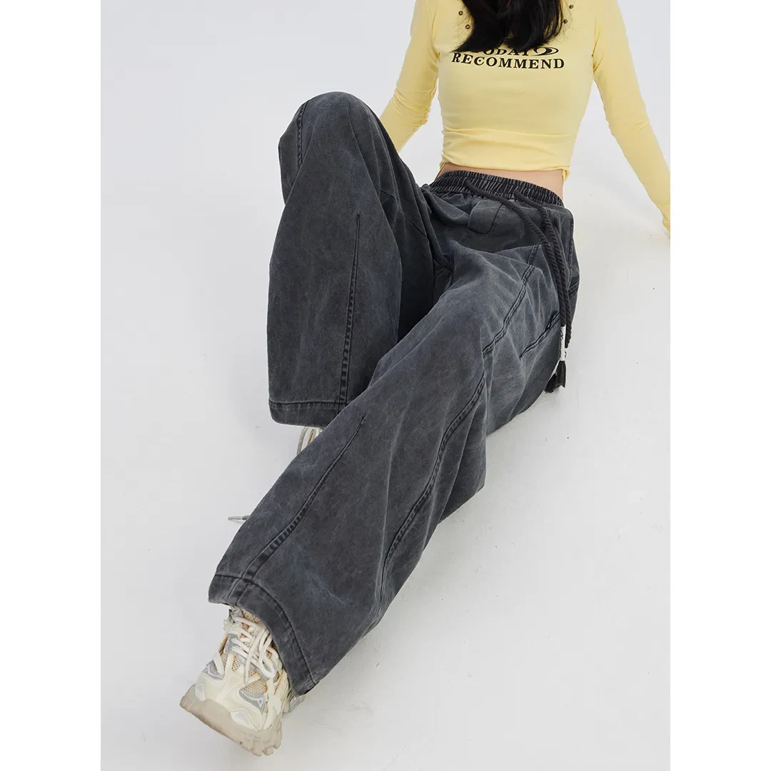 Retro Washed Distressed Drawstring Elastic Waist Jeans