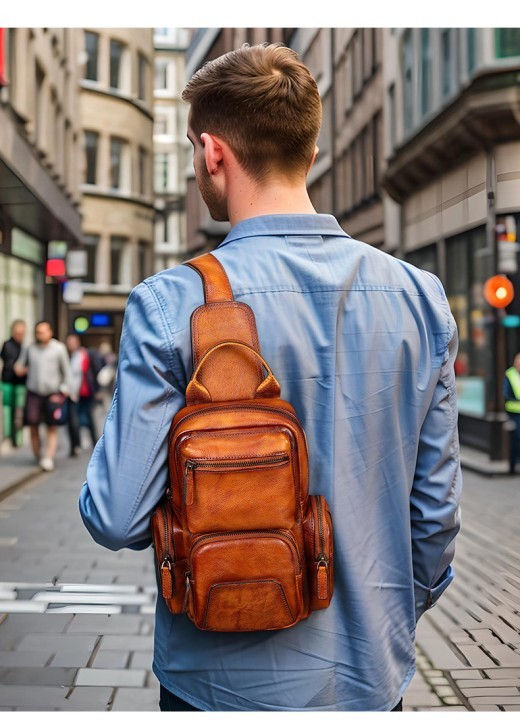 Men's Casual First Layer Cowhide Small Chest Bag