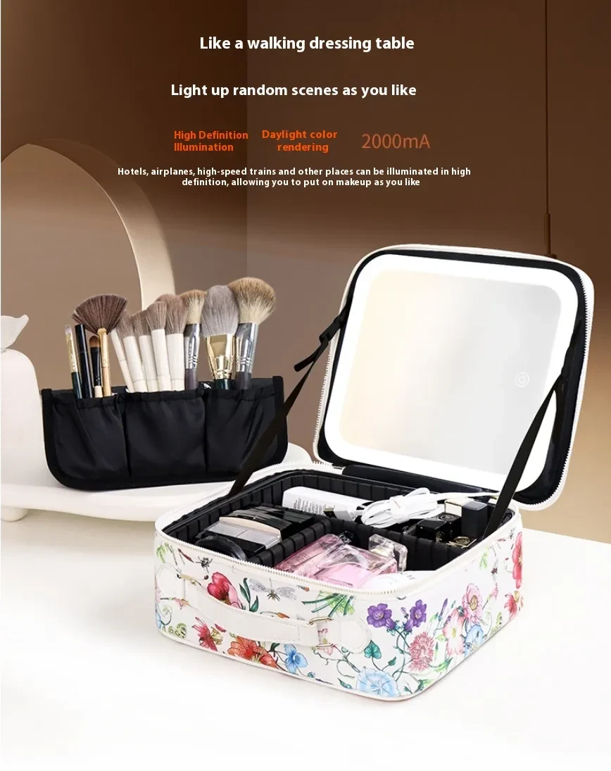 Cosmetic Bag Portable Cosmetics Storage Box With Light And Mirror