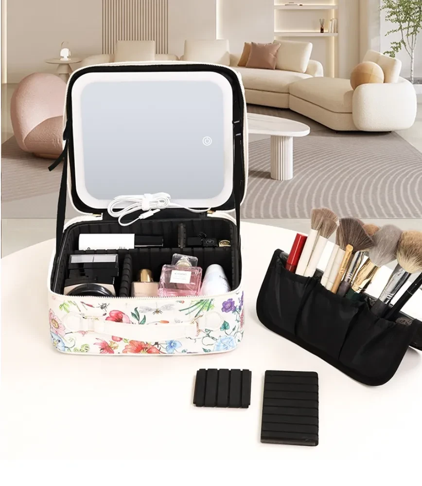 Cosmetic Bag Portable Cosmetics Storage Box With Light And Mirror