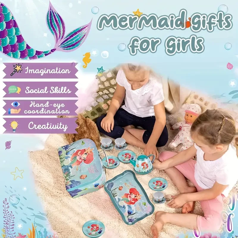 TOIYESE 19pcs Mermaid Tea Party Playset for Girls Ages 3-6 - Includes Tin Tea Set & Carrying Case, Perfect Princess Pretend Play Kitchen Toy, Ideal Birthday Gift