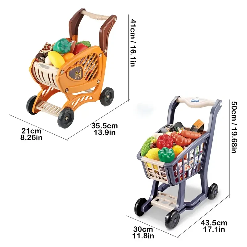 Kids' Play Supermarket Shopping Cart Toy - Perfect Christmas Gift for Ages 3-6, Includes Fruits & Vegetables, Blue, Batteries Not Included