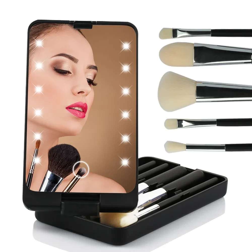 Folding Makeup Mirror With Makeup Brush Set