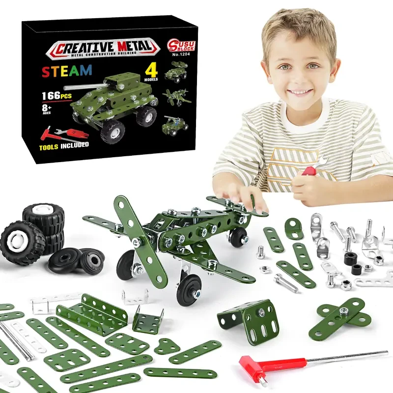 166pcs Metal Building Military Series Assembly Toys For Kids, Erector Set Military Vehicles Model, Steam Gift For Model Military Kit (No Motor), Halloween/Thanksgiving Day/Christmas gift