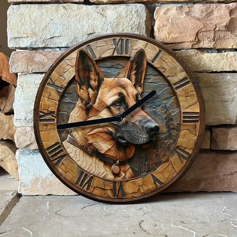Silent 20.32x20.32cm Aluminum Wall Clock with German Shepherd Design