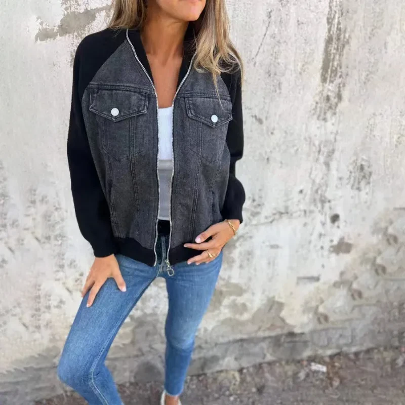 Denim Patchwork Jacket Casual Hooded Zipper Jacket