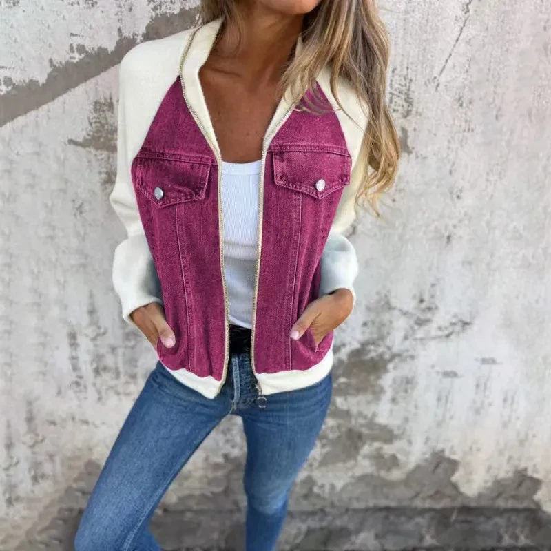 Denim Patchwork Jacket Casual Hooded Zipper Jacket