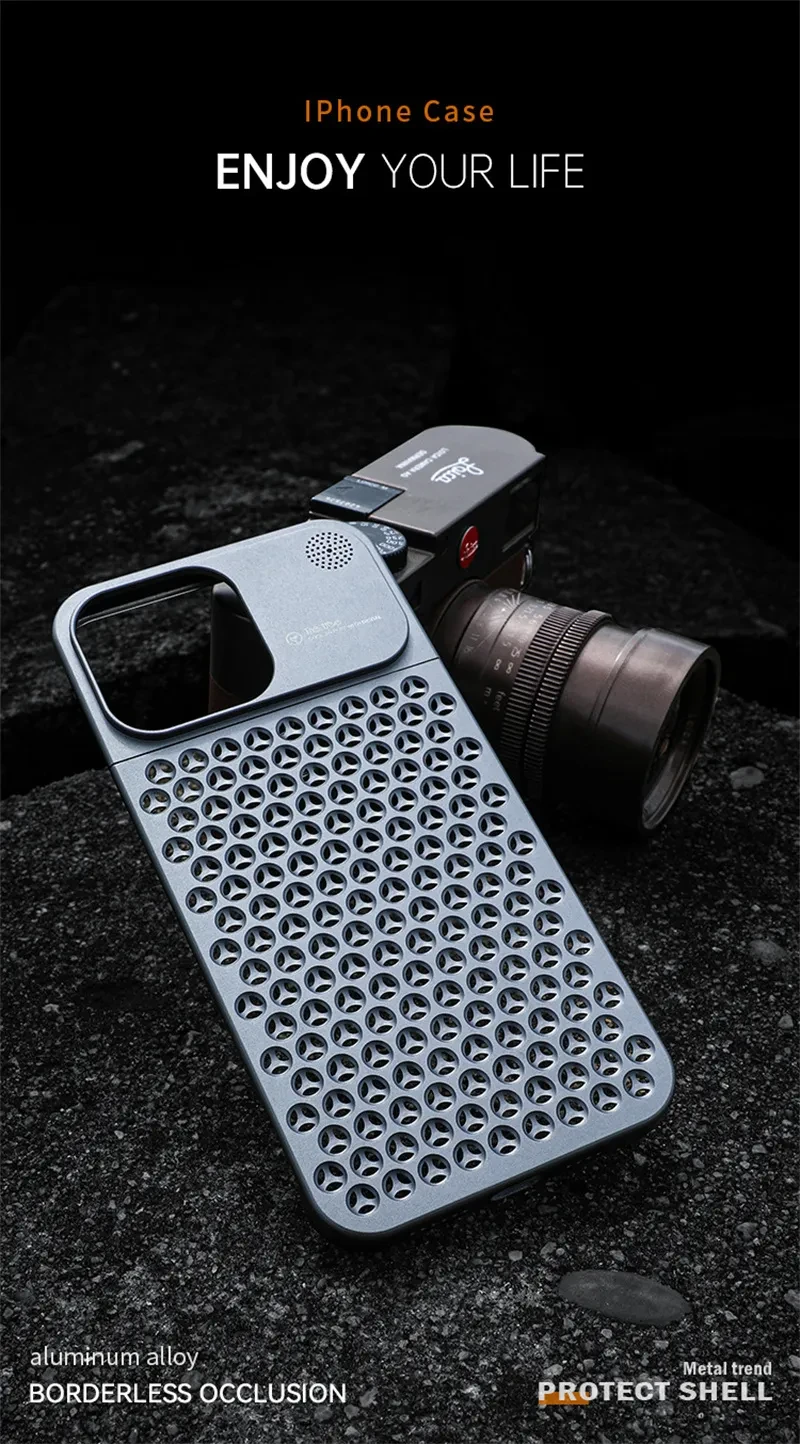 Aluminum Alloy Phone Case For 14 13 Pro Max Plus Hollow Heat Dissipation Anti-fall Full Body Shockproof Phone Cove