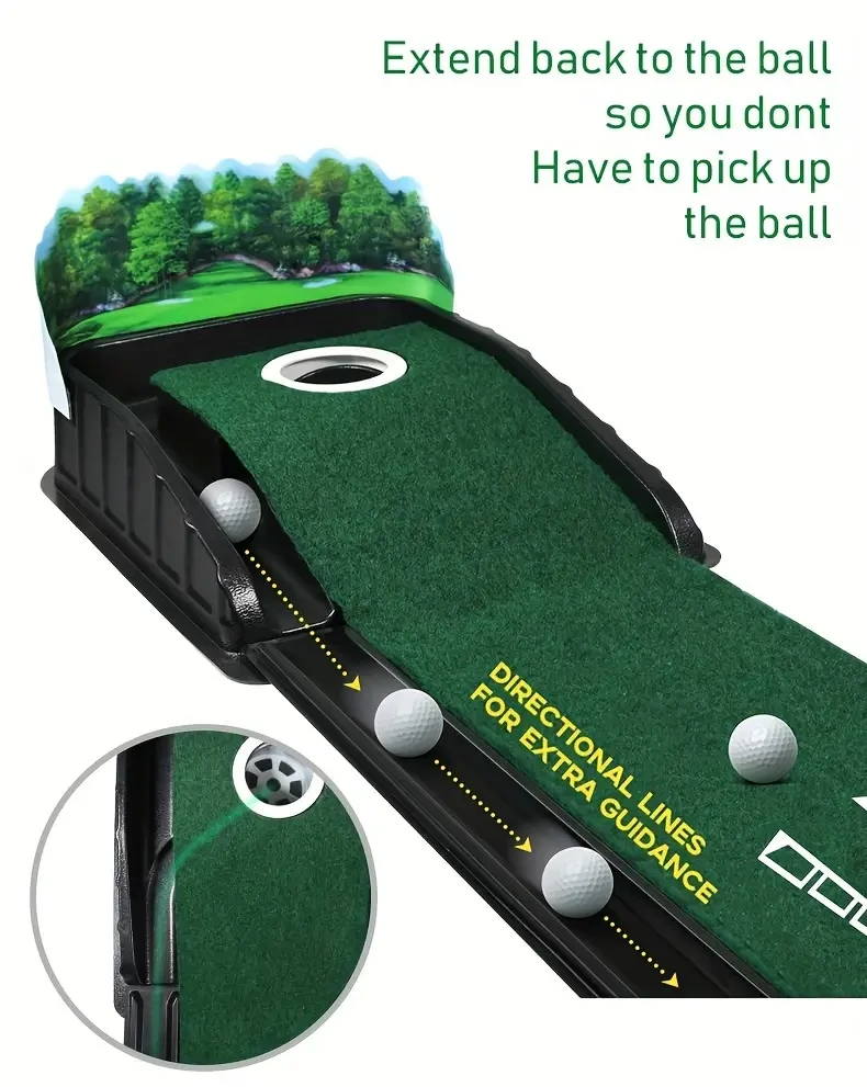 HUAEN GOLF ACCELERATOR PRO - Indoor Golf Putting Mat with Auto-Ball Return & Behind-the-Hole Ball Collector - Putter Alignment Guides at 3, 5 & 7 Feet
