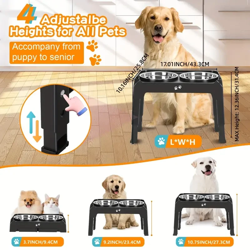4-Height Adjustable Elevated Dog Bowls Stand 2 Stainless Steel Bowls for Large & Medium Dogs