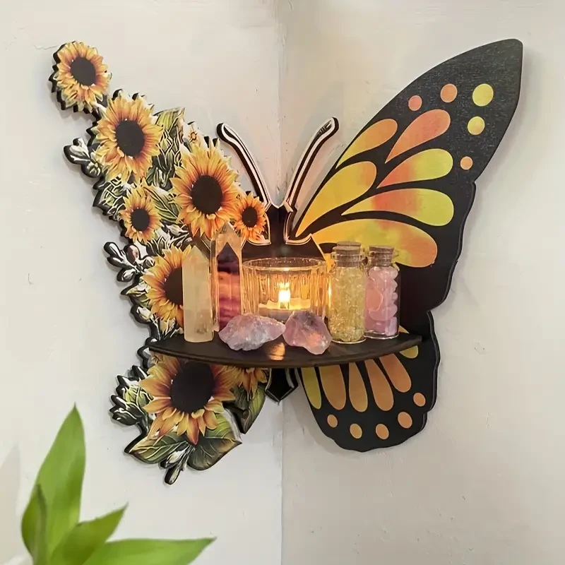 Whimsical Sunflower Butterfly Wall Corner Rack  Spacious Storage Shelf for Home & Party Decor