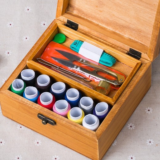 Small Wooden Box Sewing Kit