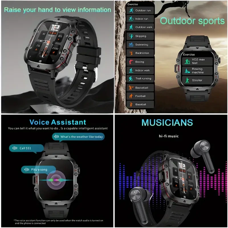 DAORKOW Rugged Smartwatch for Men with Wireless Calling, IP68 Waterproof, Fitness Tracker, AI Voice Assistant, 100+ Sports Modes, 4.98cm TFT Screen, 420mAh Lithium Battery, USB Charging, Wireless 5.0, Alloy Body & Silicone Strap