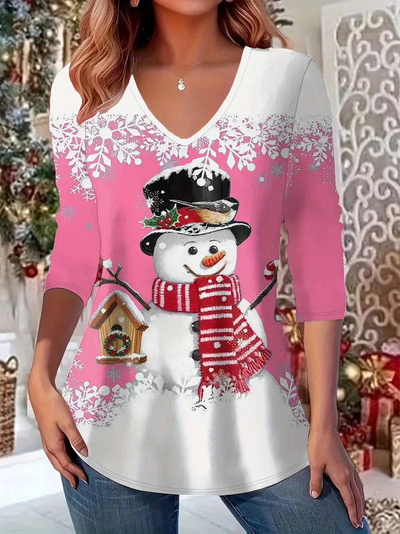 Festive Christmas Snowman Print Long Sleeve V-Neck T-Shirt for Women - Holiday Seasonal Style