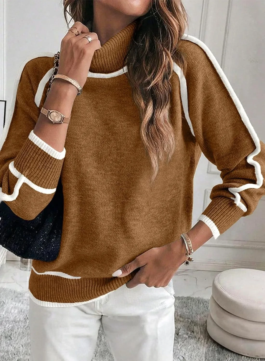 Solid Color Color Matching High-necked Casual Women's Clothing Fashion Knit Top Outerwear