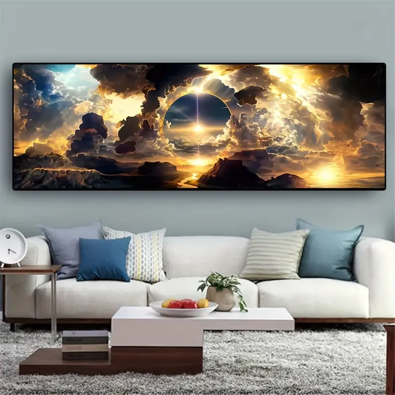 Breathtaking Sky Canvas Poster Oil Painting of Clouds, Mountains & Rivers