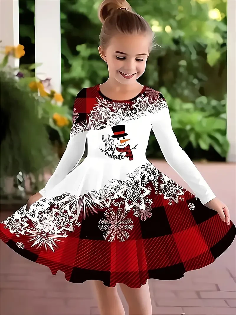 Fashion Girls Cute Long Sleeve Dress Up Christmas Fun Dress Up Print Cinched Waist Hem Big Swing Fashion Skirt Long Sleeve Dress