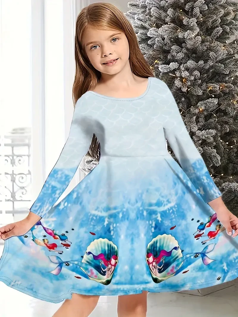 Girls Cartoon Reindeer Graphic Crew Neck Dresses Kids Gift Christmas Halloween