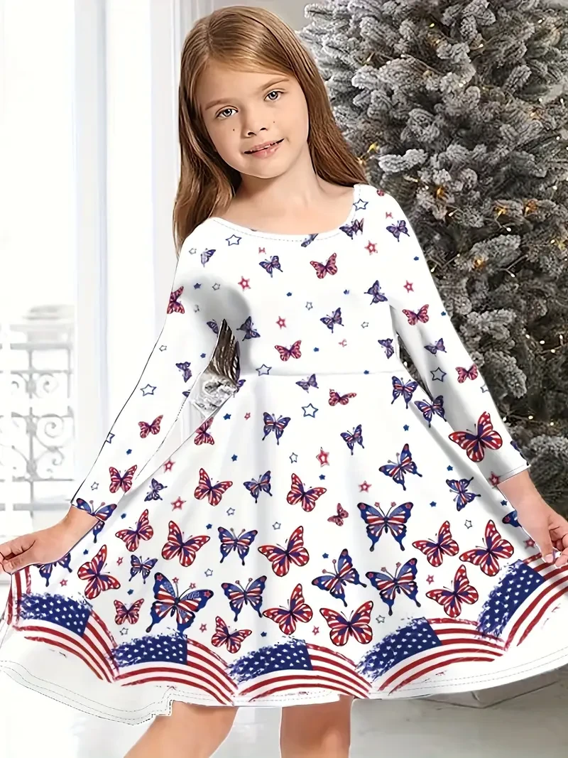 Girls Cartoon Reindeer Graphic Crew Neck Dresses Kids Gift Christmas Halloween