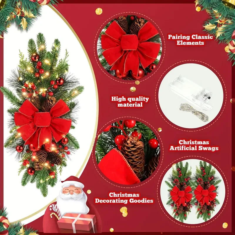 60.96cm Cordless Christmas Swag - Artificial Teardrop Garland for Stairs & Door, Battery-Powered Outdoor Holiday Decor