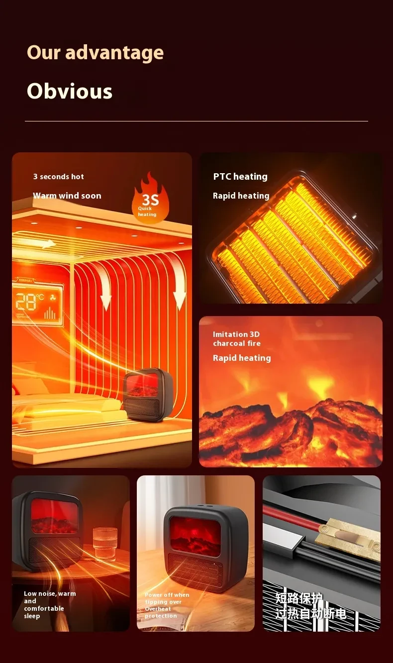 Household Electric Heater Warmer Portable 3D Anti-real Flame Electric Heater Warm Air Fan Room Winter Stove Radiator