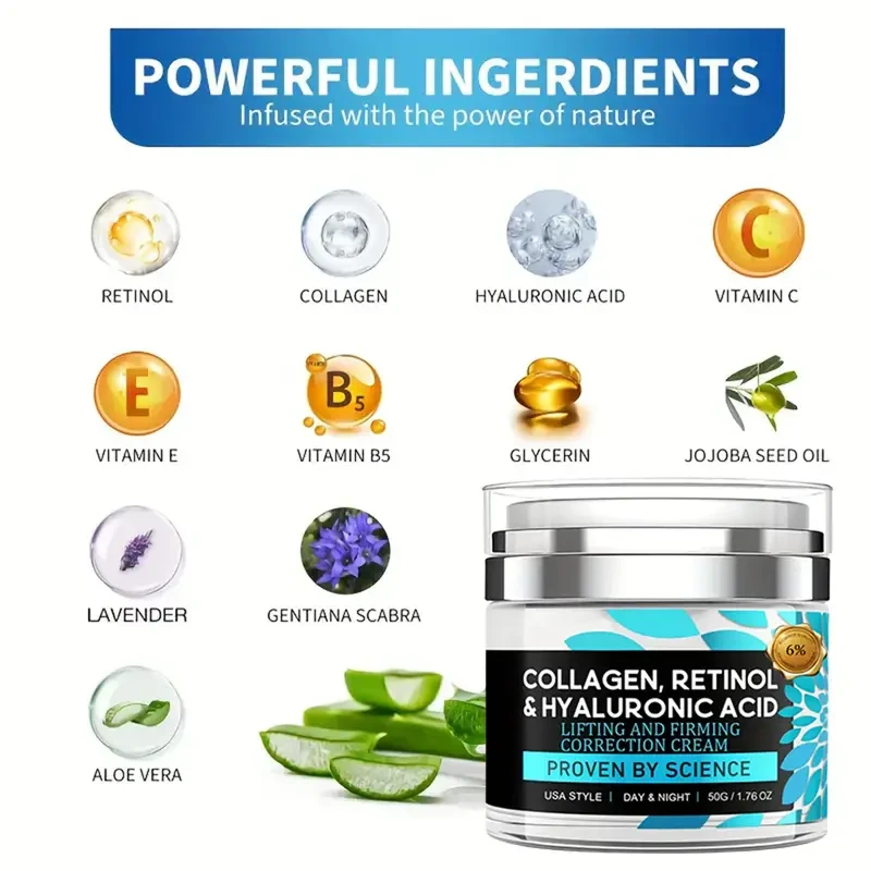 Hydrating & Firming Face Cream - 1.76oz (50g) with Collagen, Retinol & Hyaluronic Acid - Deep Moisture for All Skin Types, Alcohol-Free