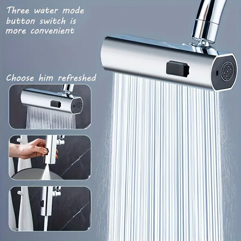 Universal Multi-Function Faucet Adapter, 3-Speed Waterfall Flow, Rotatable Spray Head, Splash-Proof, for Bathroom & Kitchen Sinks