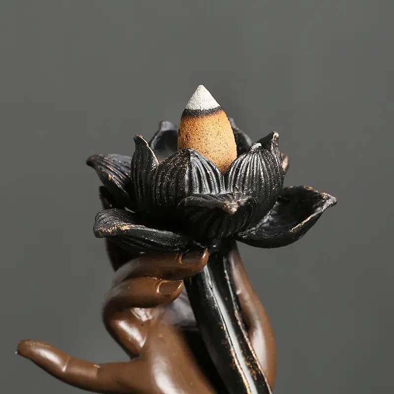 Backflow Incense Burner, Handmade Resin Lotus Buddha Hand Waterfall Incense Burner Holder For Home Relaxation Lucky Feng Shui Decor
