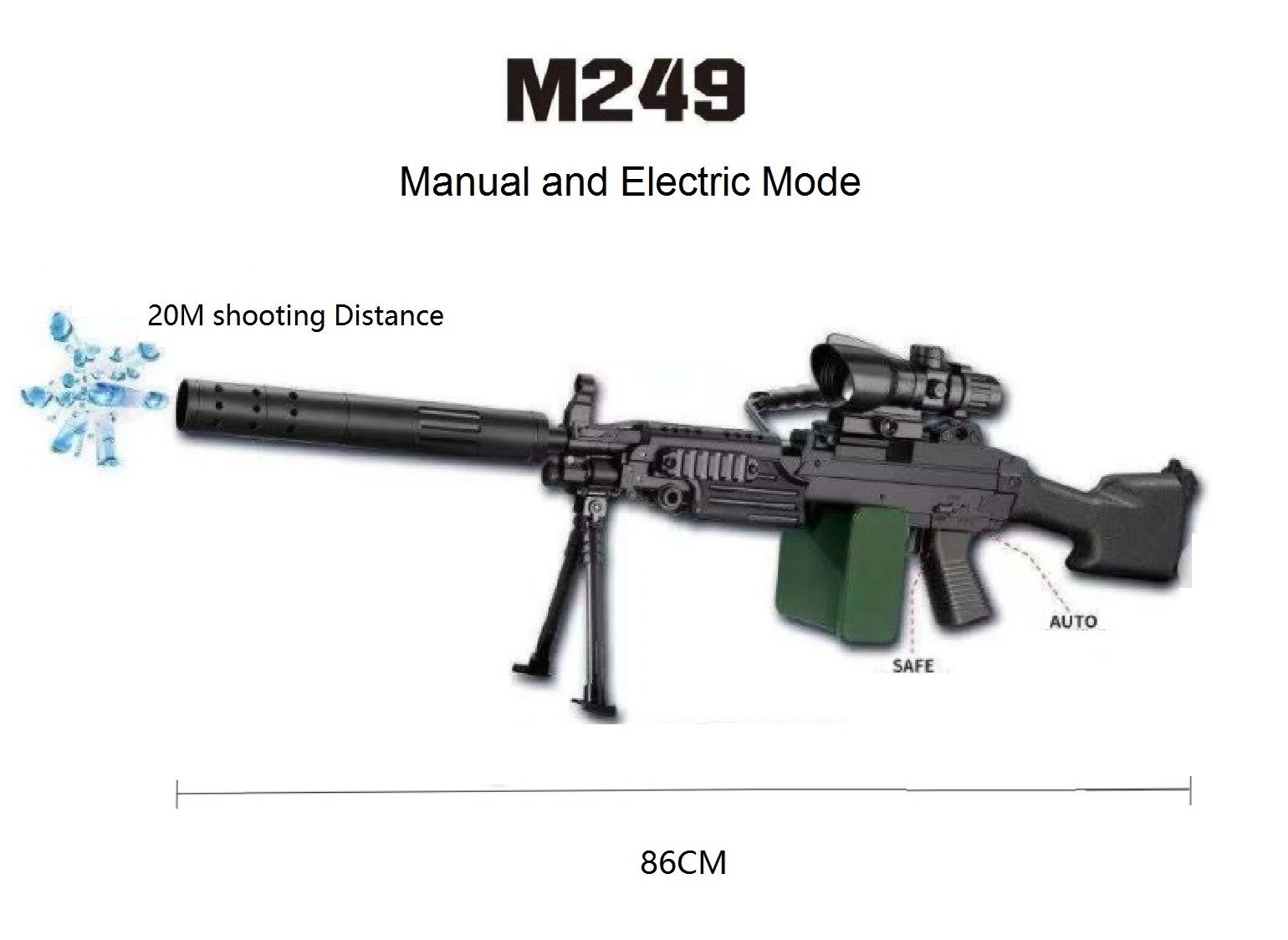 Gel Ball Toy Gun M249 Model  Dual-Mode Manual and Electric, Blackmode, Black