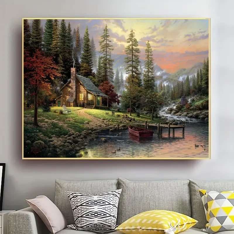 1pc Unframed Rustic Forest Lake Wooden House Scenery Canvas Poster