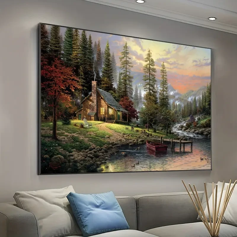 1pc Unframed Rustic Forest Lake Wooden House Scenery Canvas Poster