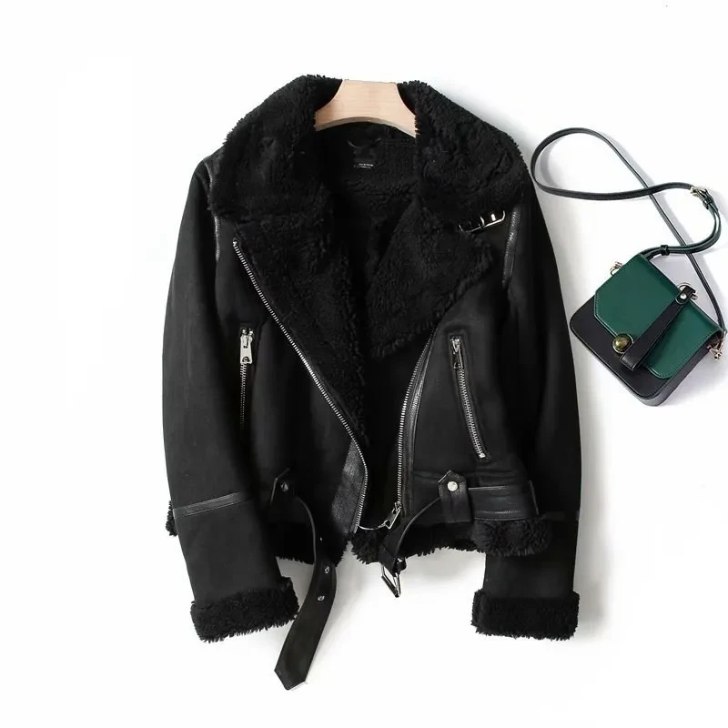 Lapel Jacket Suede Lamb Wool Warm Coat Motorcycle