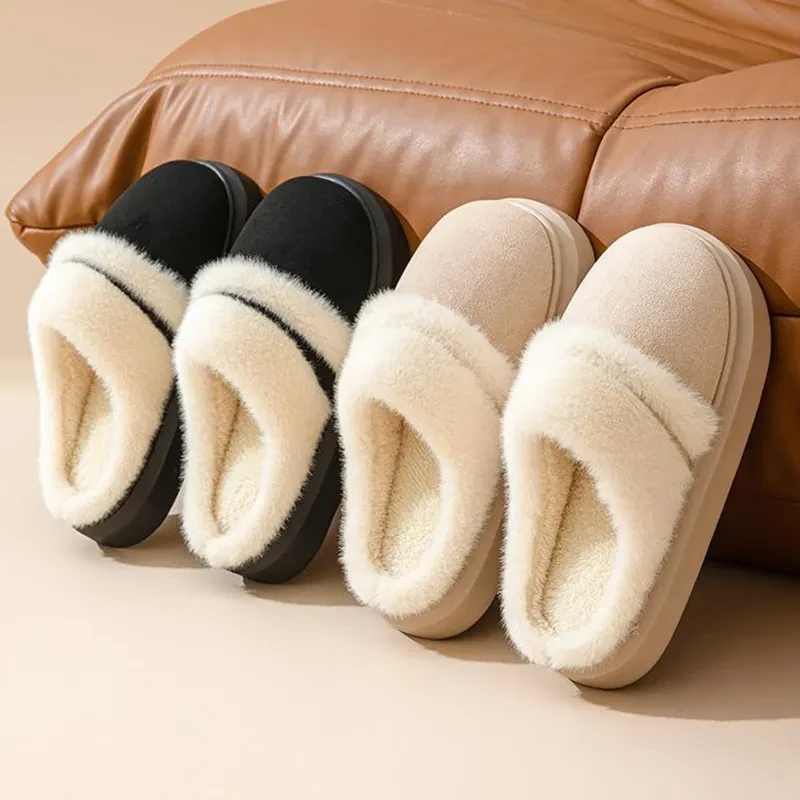 Warm Cotton Slippers For Women Leisure Thick Bottom Non-slip Plus-velvet House Shoes Winter Bedroom Floor Suede Slipper
