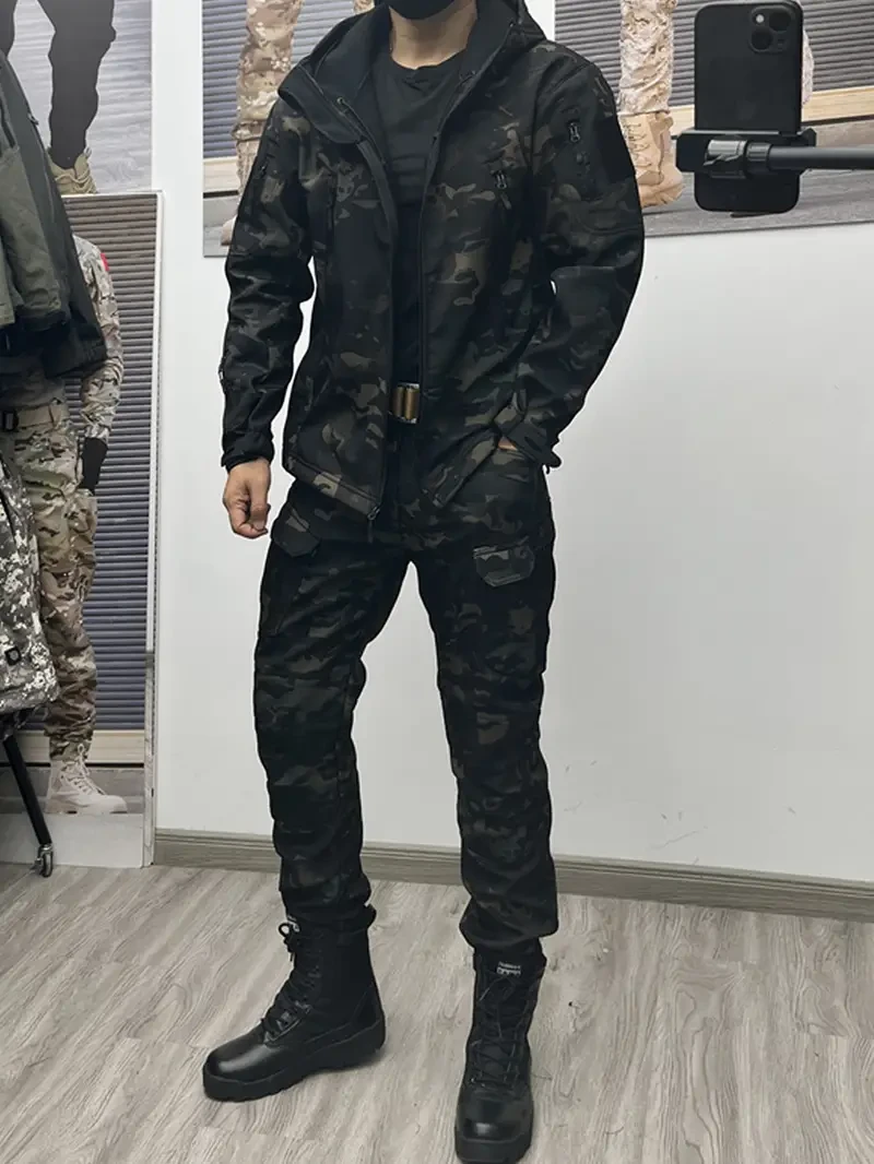 Mens Camo Outdoor Outfit Set Water-Resistant Jacket & Pants