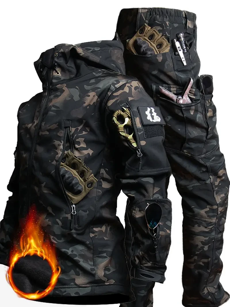 Mens Camo Outdoor Outfit Set Water-Resistant Jacket & Pants