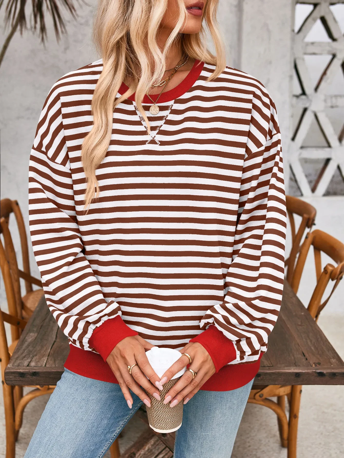 Loose Striped Long Sleeve T-shirt Casual Pullover Sweater For Womens Clothing
