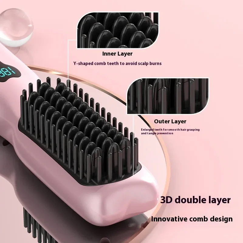 Rechargeable Wireless Straightening Comb 220 Hair Straightener Brush USB Rechargeable Flat Iron LCD Display Temperature